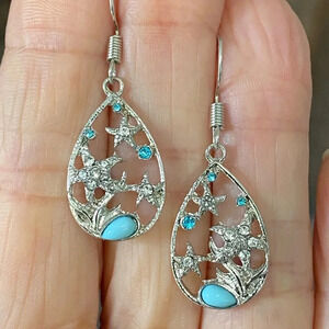 3 for $25/ Fun Summer Beach Ocean Silver & Blue Starfish Teardrop Earrings NEW